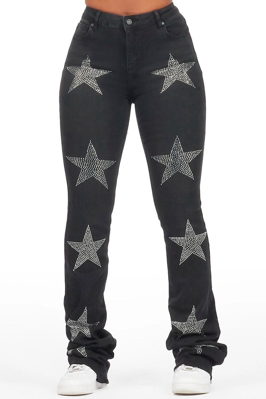 Rockstar Original Stargirl Super Stacked Flare Jeans Black Rhinestone XL NWT